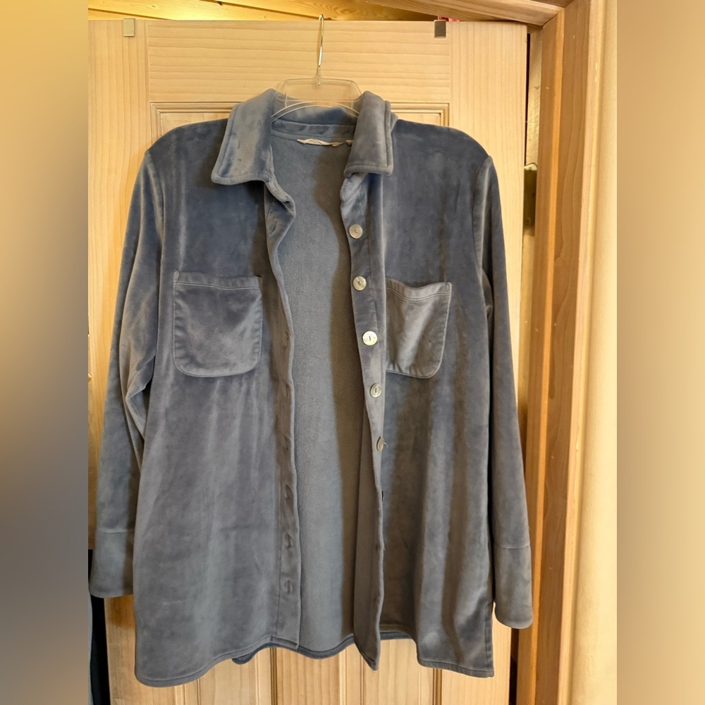 Soft Surroundings Velour Button Up Shirt Blue | Size Large | Cozy Luxe Top